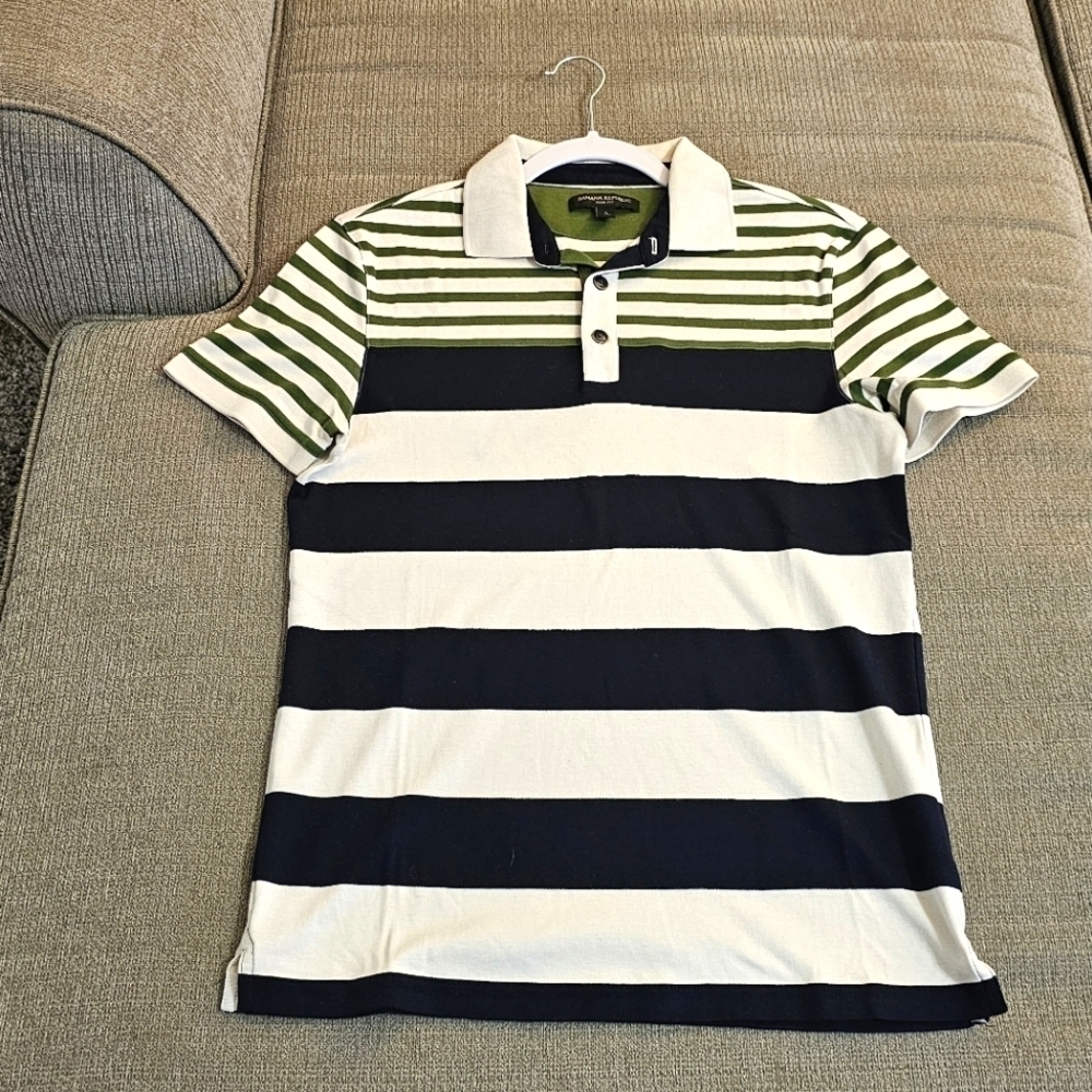 Banana Republic Nautical Slim Fot Green Navy Striped Polo Shirt Size Small